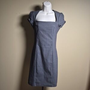 L'Patricia Grey Micro Stripe Square Neck Cap Sleeve Sheath Dress S/M CD2109B